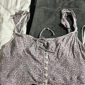 Gray and White Smocked Sleeveless Blouse
